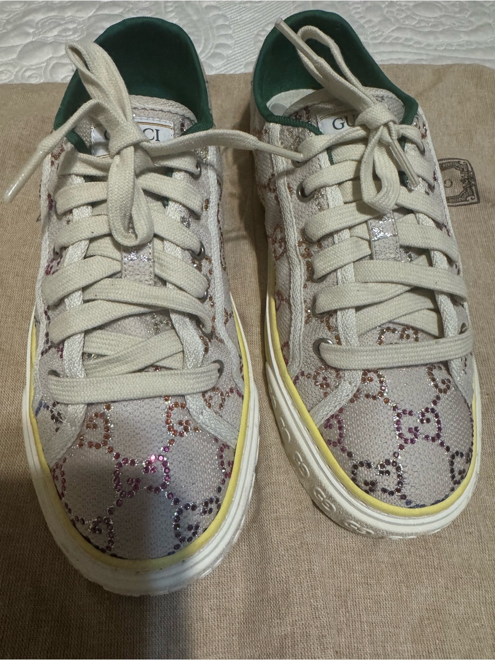 Gucci Beige Canvas GG Crystal Low-Top Sneakers with Yellow Trim